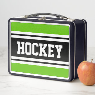 HOCKEY Sporty Black White Green Racing Stripes Metal Lunch Box