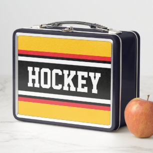 HOCKEY Sporty Black White Red Yellow Stripes Metal Lunch Box