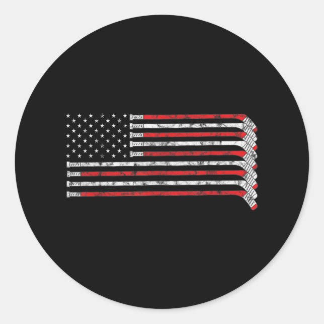 Hockey Stick USA Flag Faded Hockey Player Classic Round Sticker (Front)