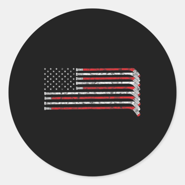 Hockey Stick USA Flag Faded Hockey Player  Classic Round Sticker (Front)