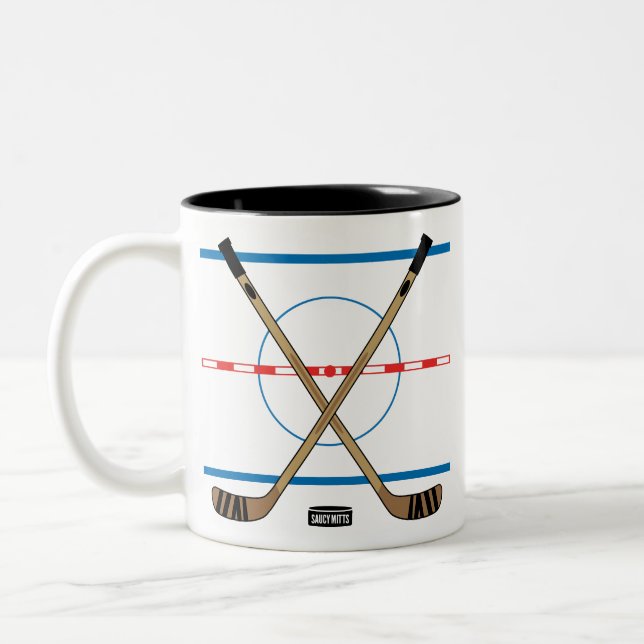 Hockey Sticks and Centre Ice Hockey Team Two-Tone Coffee Mug (Left)