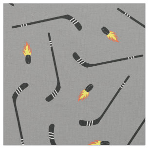 Hockey Sticks Flaming Pucks Sports Silver Grey Fabric