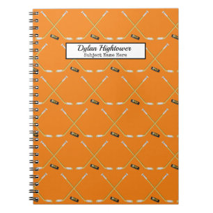 Hockey Sticks MVP Puck Pattern Orange Name Notebook