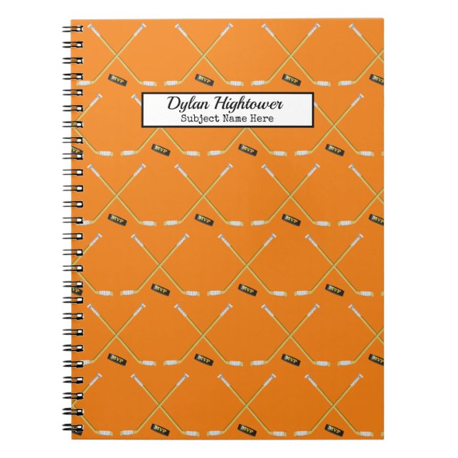 Hockey Sticks | MVP Puck Pattern Orange Name Notebook (Front)