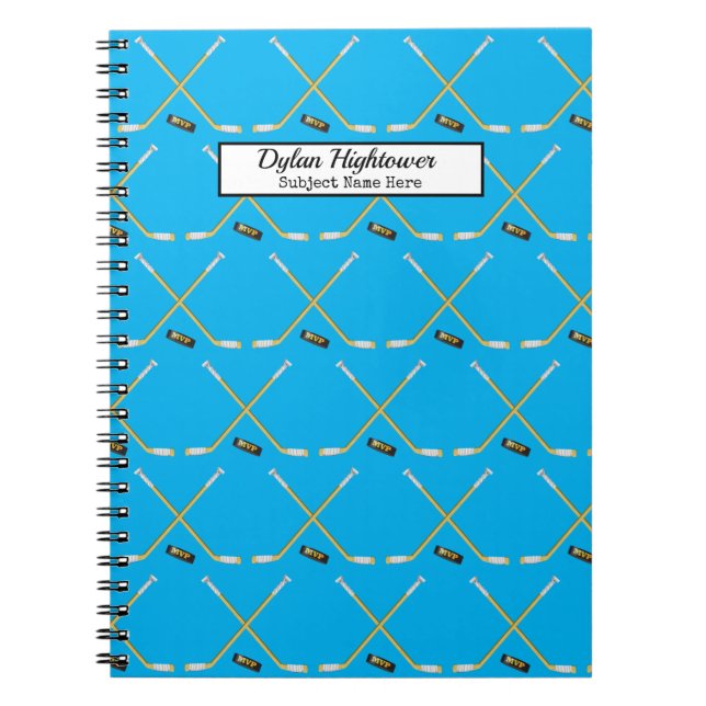 Hockey Sticks |MVP Puck Pattern Sky Blue Name Notebook (Front)