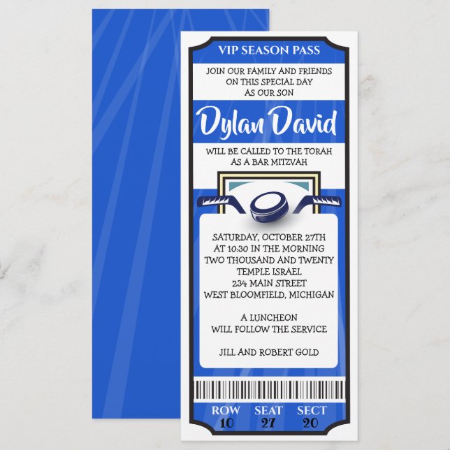 HOCKEY TICKET Bar Bat Mitzvah Invitation (Front/Back)