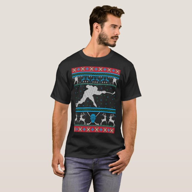 Hockey Ugly Christmas Sweater Holiday T-Shirt (Front Full)
