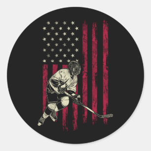 Hockey Vintage Aamerican Flag 4th Of July Gift Classic Round Sticker