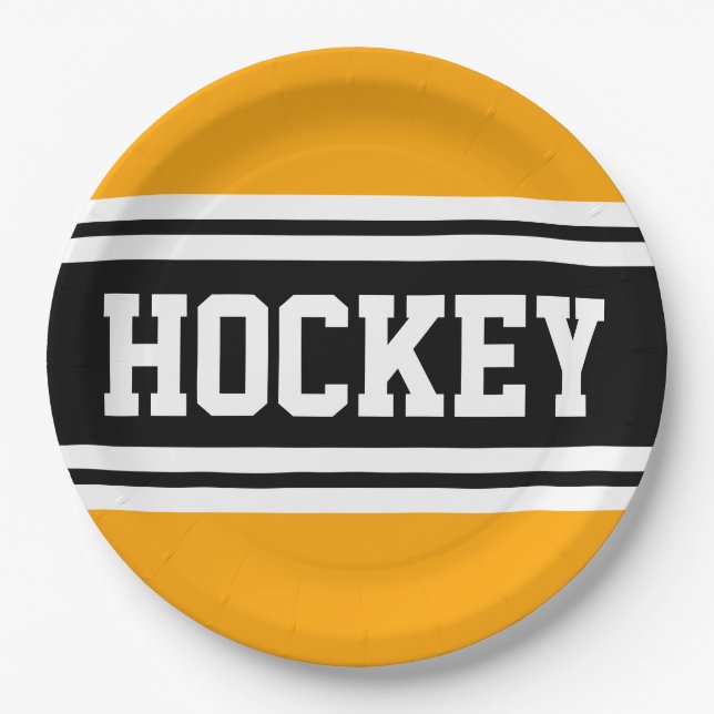 HOCKEY Yellow Orange Black White Racing Stripes Paper Plate (Front)