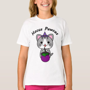 Hocus Pawcus - Grey Tabby Cat - Black Writing T-Shirt