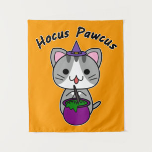 Hocus Pawcus - Grey Tabby Cat - Black Writing Tapestry