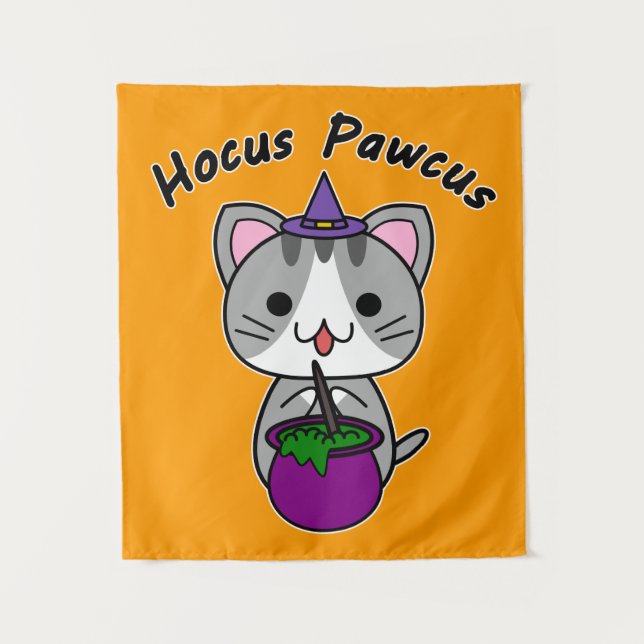 Hocus Pawcus - Grey Tabby Cat - Black Writing Tapestry (Front)