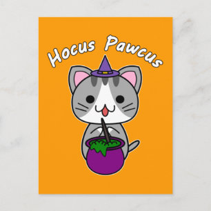 Hocus Pawcus - Grey Tabby Cat - White Writing Holiday Postcard