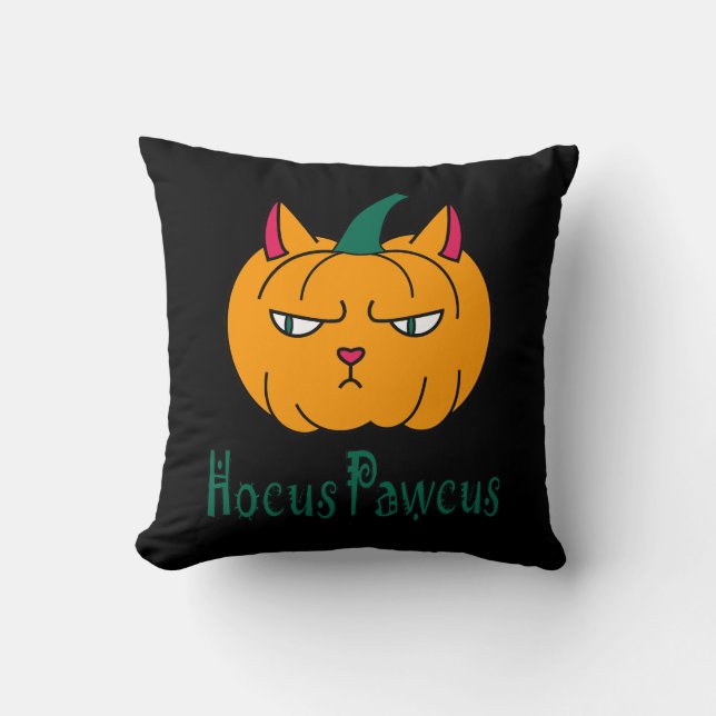 Hocus pawcus Halloween pumpkin ginger cat magic Cushion (Front)