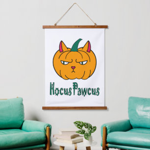 Hocus pawcus Halloween pumpkin ginger cat magic Hanging Tapestry