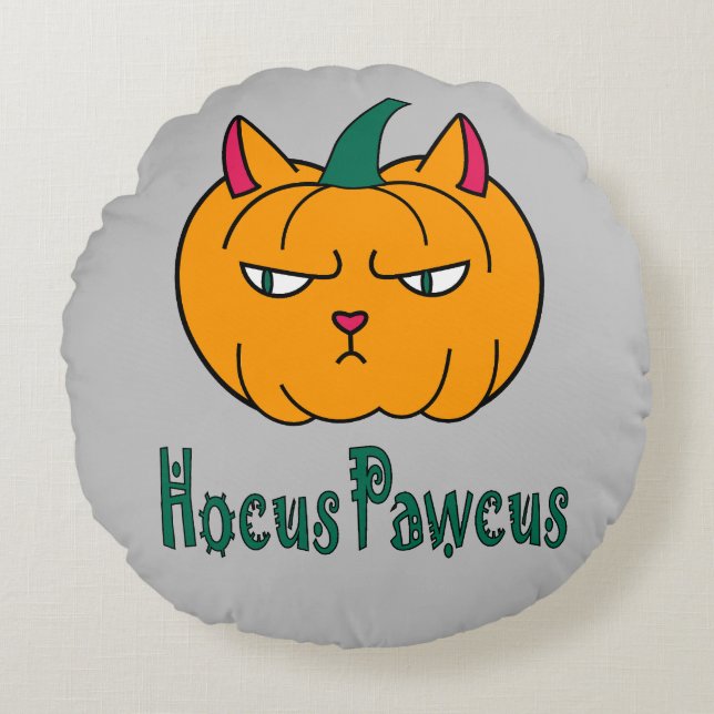 Hocus pawcus Halloween pumpkin ginger cat magic Round Cushion (Front)