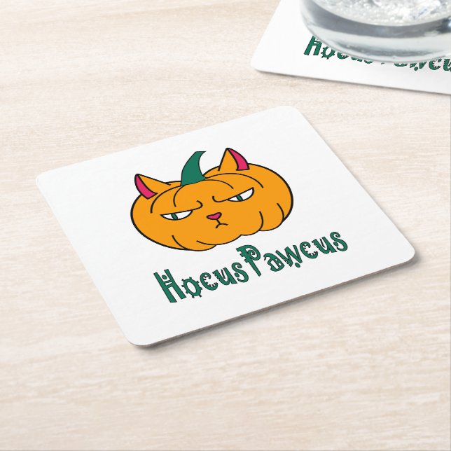 Hocus pawcus Halloween pumpkin ginger cat magic Square Paper Coaster (Angled)