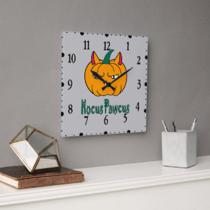 Hocus pawcus Halloween pumpkin ginger cat magic Square Wall Clock