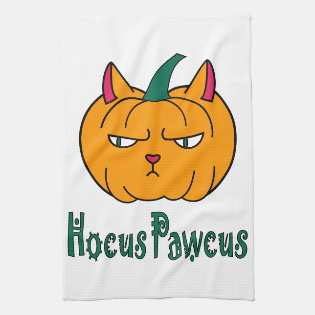 Hocus pawcus Halloween pumpkin ginger cat magic Tea Towel (Vertical)