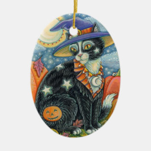 HOCUS POCUS BLACK CAT WITCH & MOUSE HALLOWEEN CERAMIC TREE DECORATION