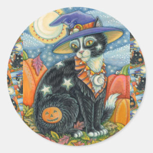 HOCUS POCUS BLACK CAT WITCH & MOUSE HALLOWEEN CLASSIC ROUND STICKER