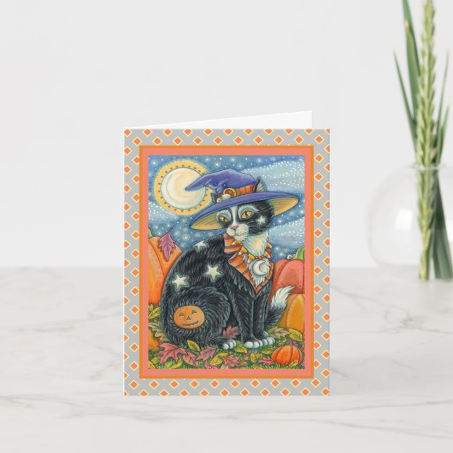 HOCUS POCUS BLACK CAT WITCH & MOUSE HALLOWEEN HOLIDAY CARD (Front)