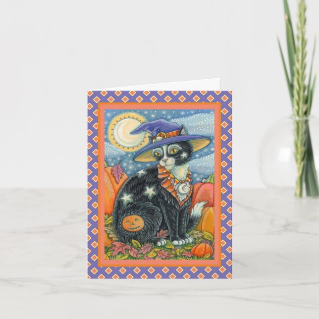 HOCUS POCUS BLACK CAT WITCH & MOUSE HALLOWEEN HOLIDAY CARD (Front)