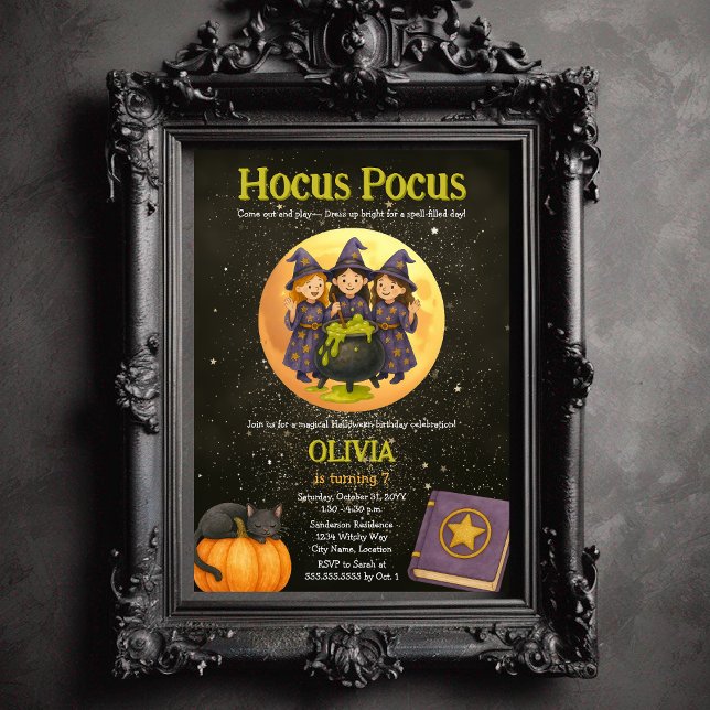 Hocus Pocus Halloween Birthday Party Invitation (Three witches Hocus Pocus child's costume Halloween birthday party invitation)