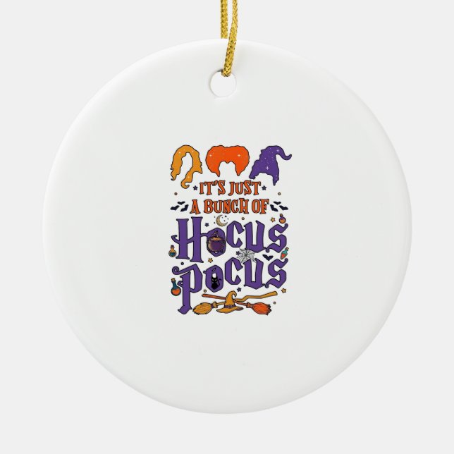 Hocus Pocus Halloween Witches Cauldron Broom Cat M Ceramic Tree Decoration (Front)