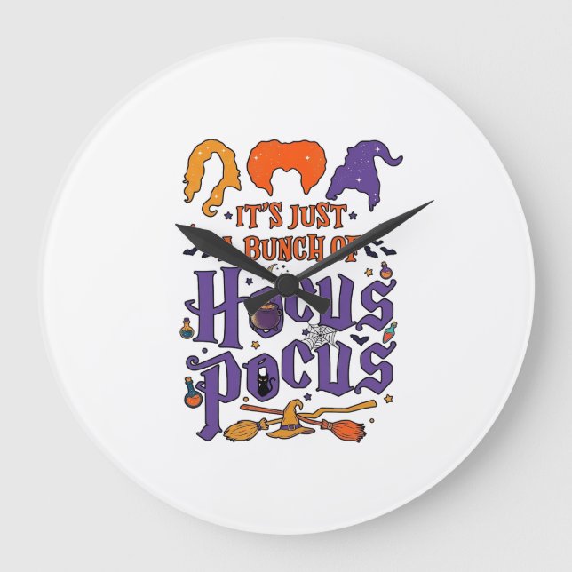 Hocus Pocus Halloween Witches Cauldron Broom Cat M Large Clock (Front)
