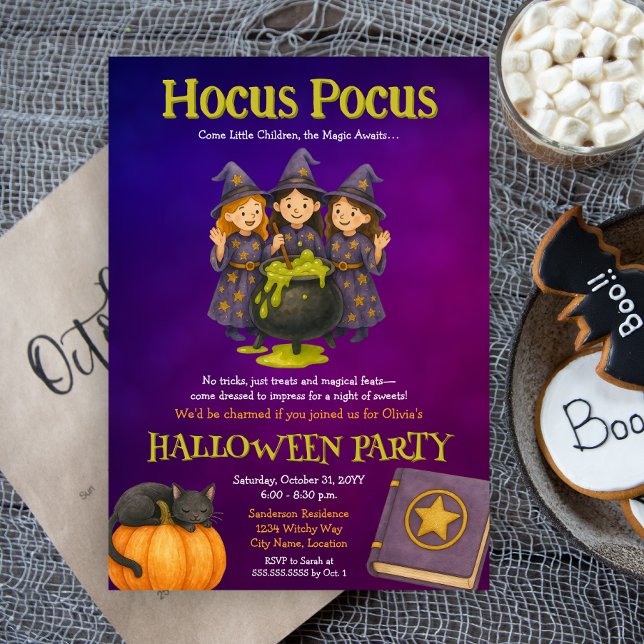 Hocus Pocus Kids Halloween Party Invitation (Fun witches Halloween costume party invitation for kids)