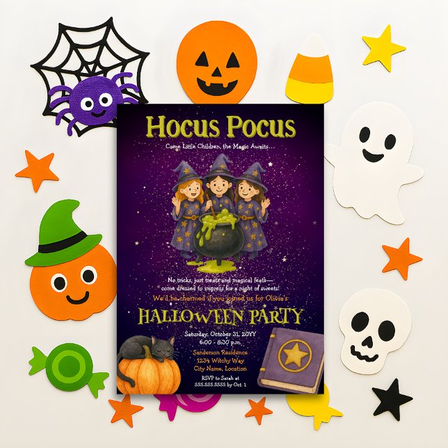 Hocus Pocus Kids Halloween Party Invitation (Hocus Pocus fun witches October Halloween Party invitation)