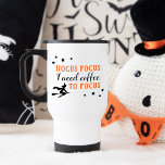 Hocus Pocus Modern Orange and Black Halloween Travel Mug<br><div class="desc">"Hocus Pocus I need coffee to focus" funny custom travel coffee mug for Halloween features a modern decorative orange and black typography design with flying witch and star accents.</div>