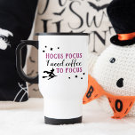 Hocus Pocus Modern Purple and Black Halloween Travel Mug<br><div class="desc">"Hocus Pocus I need coffee to focus" funny custom travel coffee mug for Halloween features a modern decorative violet purple and black typography design with flying witch and star accents.</div>