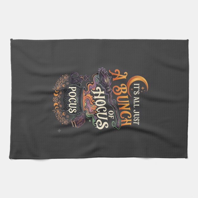 Hocus Pocus Witch Broom Black Cat Magic Cauldron H Tea Towel (Horizontal)