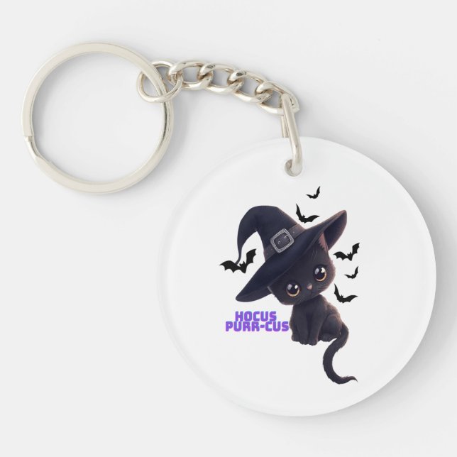 Hocus Purr-cus Cute Black Cat Halloween Art Key Ring (Front)