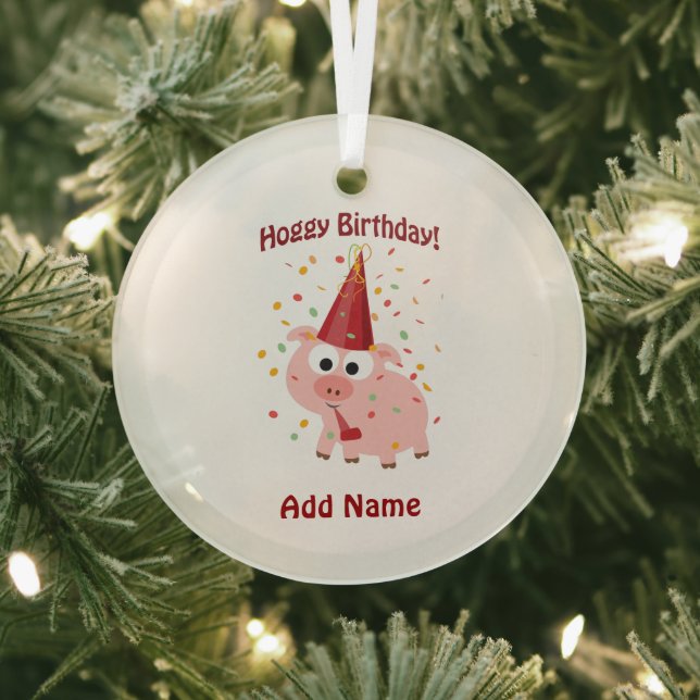 Hoggy Birthday Pig Glass Tree Decoration (Insitu)