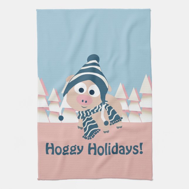 Hoggy Holidays! Winter Pig Tea Towel (Vertical)