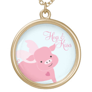 "Hogs and Kisses" Cute Flying Pig Gold Plated Necklace