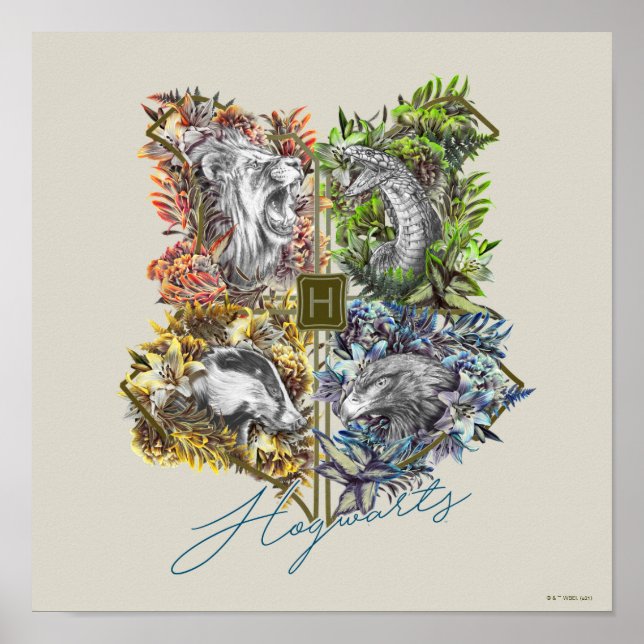 HOGWARTS™ Badge Floral Graphic Poster (Front)