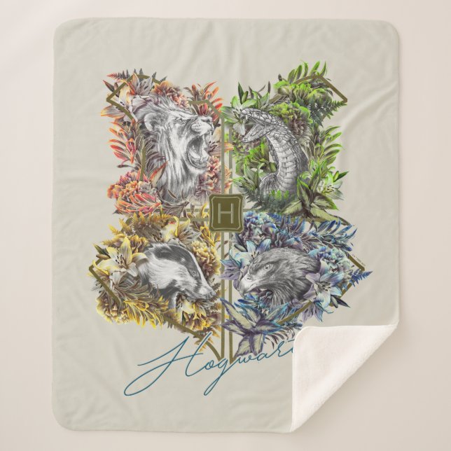 HOGWARTS™ Badge Floral Graphic Sherpa Blanket (Front)