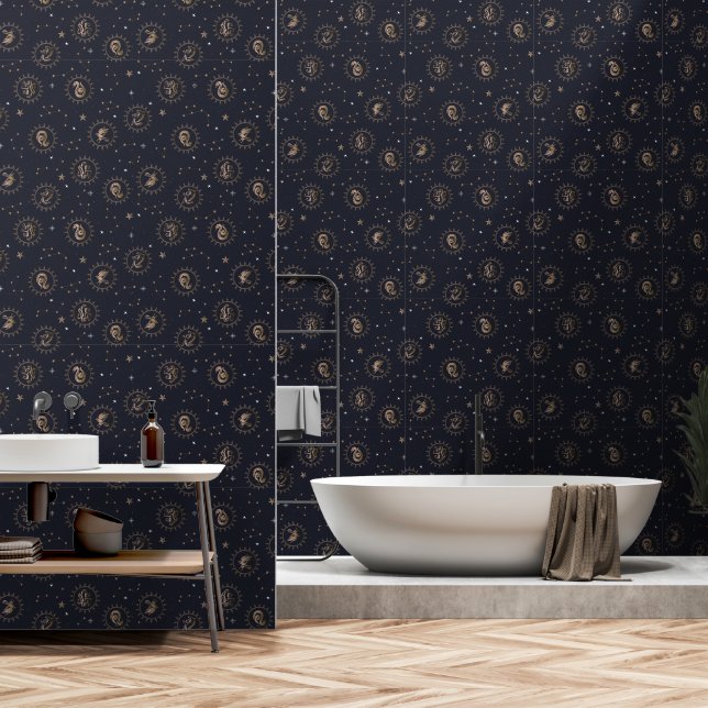 Hogwarts House Crests Constellation Pattern Wallpaper (Bathroom)