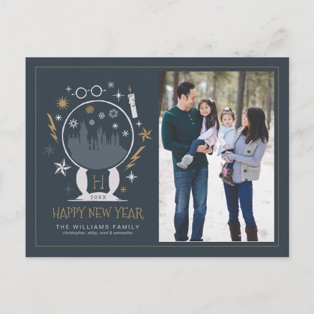 HOGWARTS™ Snow Globe - Happy New Year - Photo Holiday Postcard (Front)
