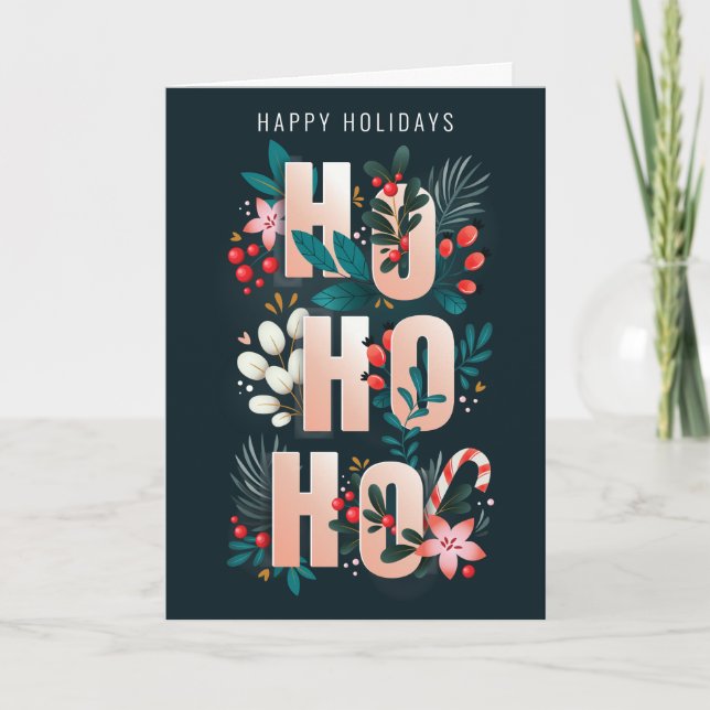 HoHoHo Holly Branches Candy Cane Christmas Card (Front)