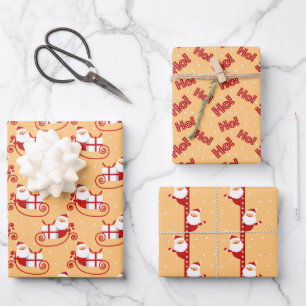 HoHoHo Santa Claus Images on Peach Christmas Wrapping Paper Sheet