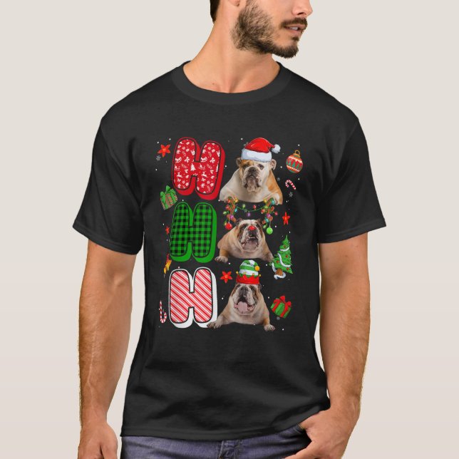HOHOHO Santa Elf Reindeer English Bulldog Dogs Xma T-Shirt (Front)