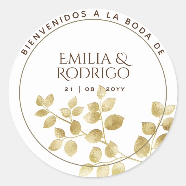 Hoja de oro española Boda bienvenida favour d Classic Round Sticker (Front)