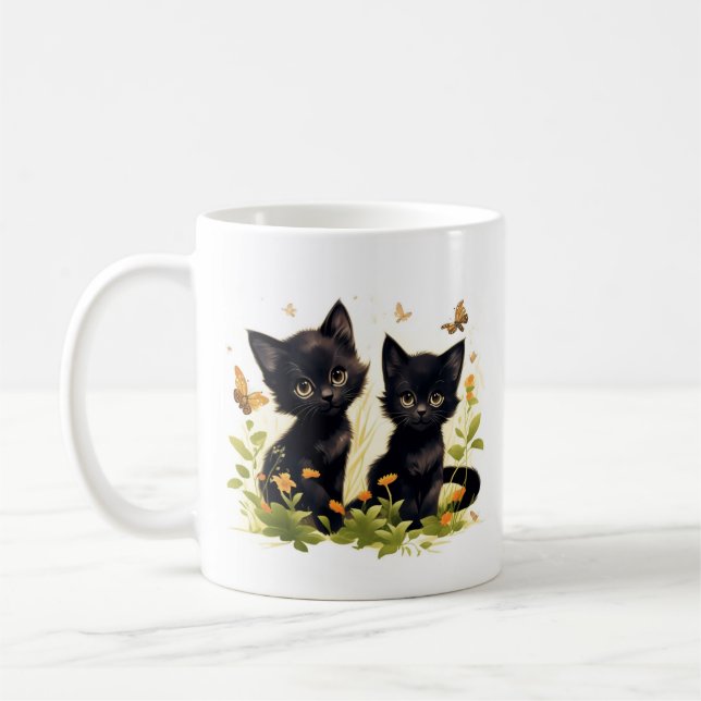 Hoki & Koki Black Kittens in the garden Mug (Left)