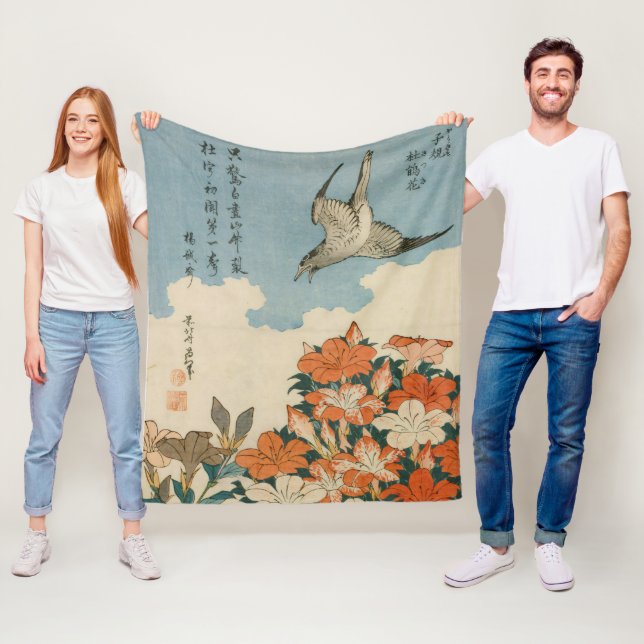 Hokusai - A Cuckoo and Azaleas Fine Art Fleece Blanket (In Situ)