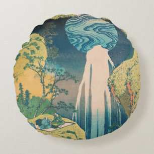 Hokusai Amida Falls Japan Waterfall  Round Cushion